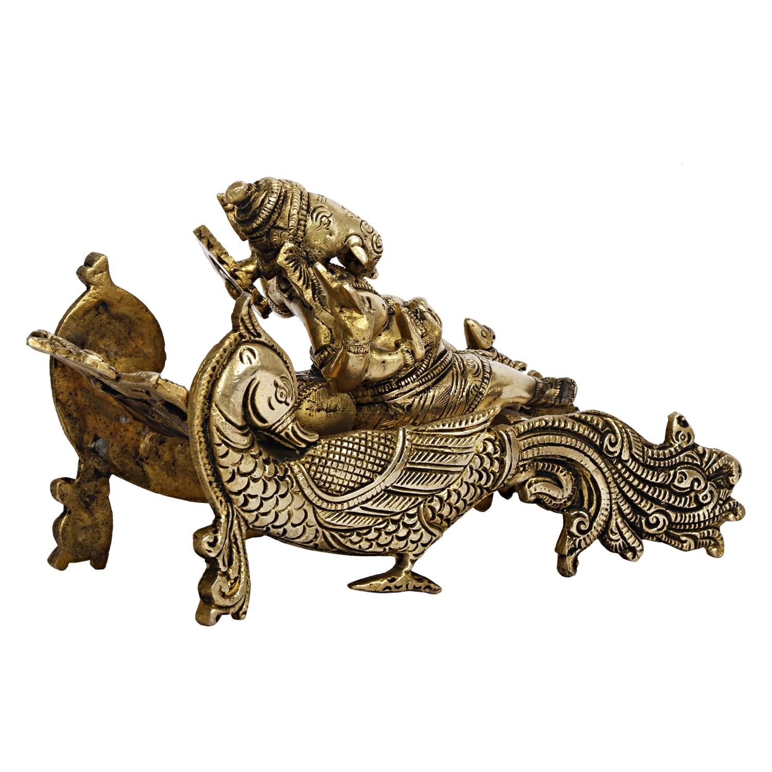Brass Ganesha Ganesh Bhagwan Idol Resting on Designer Peacock Couch Ganapati Ganpati Murti for Home Decor - SvarupArt