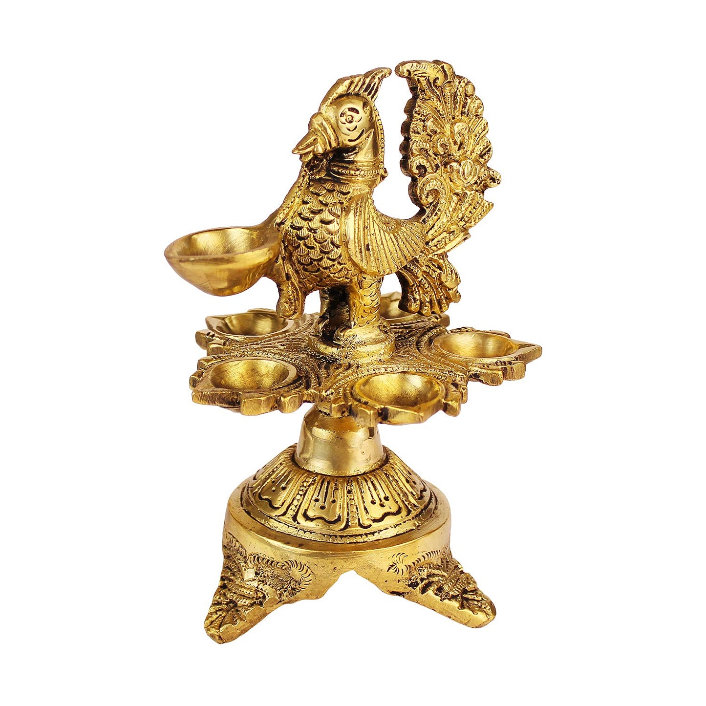 6 Inch Small Gold Color Brass Peacock Design Oil Diya with Base: Ideal for Home Temple Aarti and Decor - SvarupArt