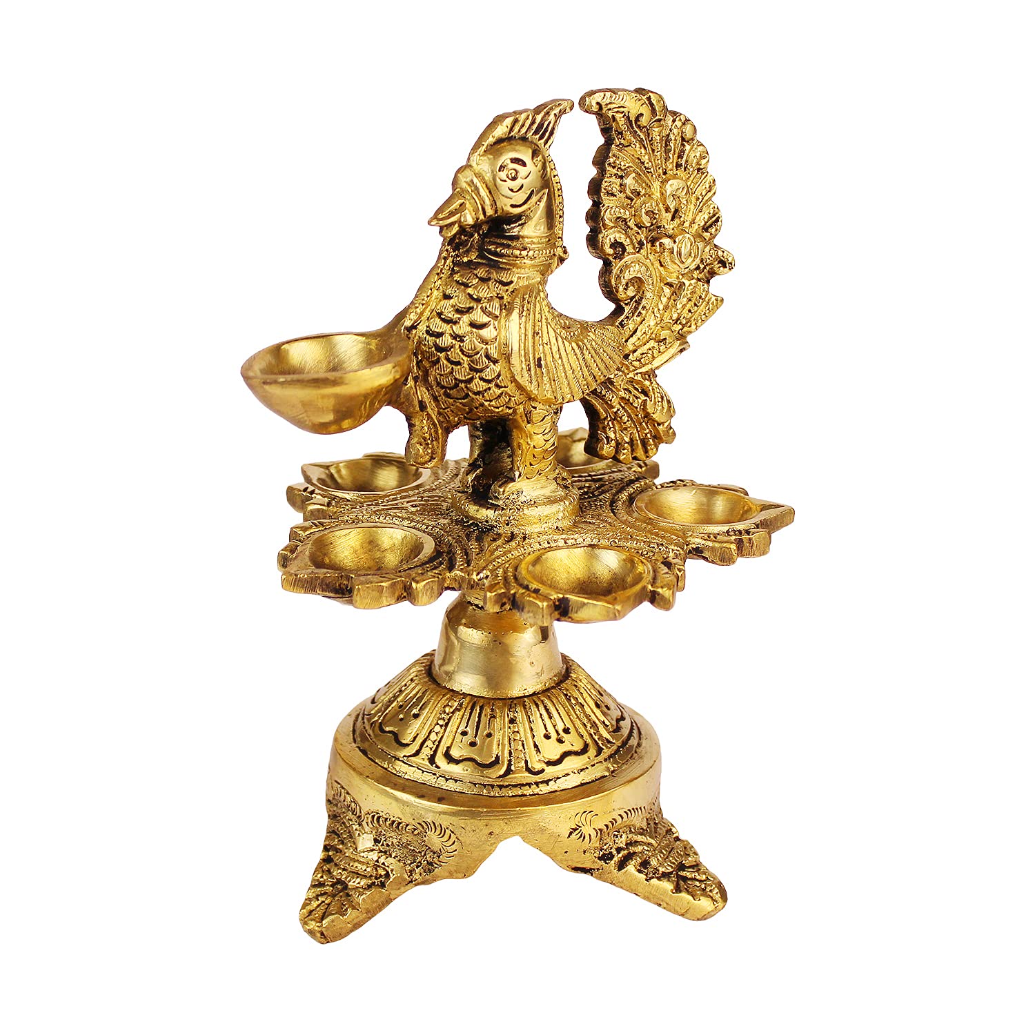 6 Inch Small Gold Color Brass Peacock Design Oil Diya with Base: Ideal for Home Temple Aarti and Decor - SvarupArt
