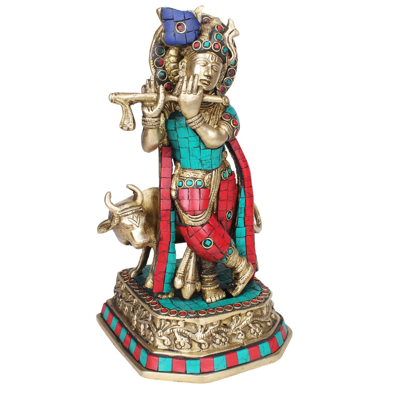 Brass Shri Krishna Idol with Cow Kishan Bhagwan Murti Lord Krishna Cow Statue Height 10 Inch Weight 2.7 Kg Multicolor - SvarupArt