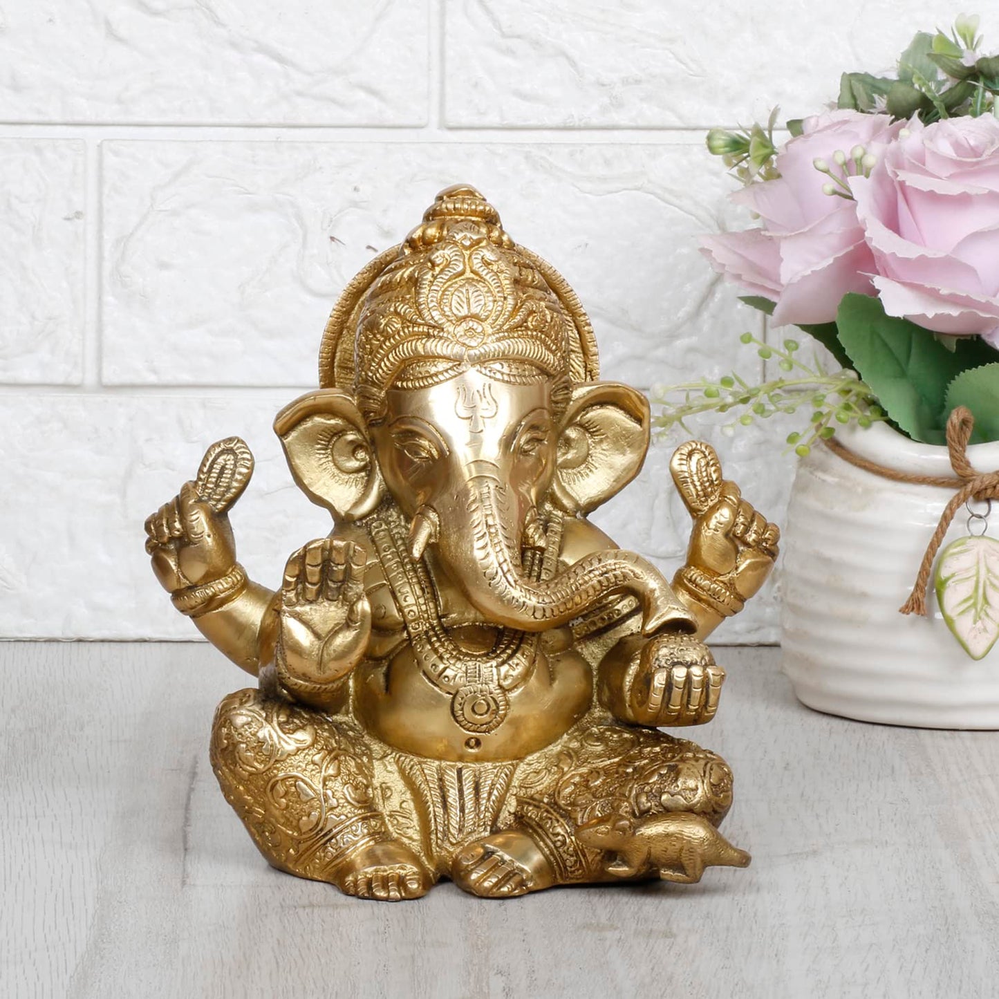 Brass Blessing Ganesha Idol Ganesh Statue Ganpati Murti for Puja Home Entrance Decor Diwali Gift 6.5 Inch - SvarupArt