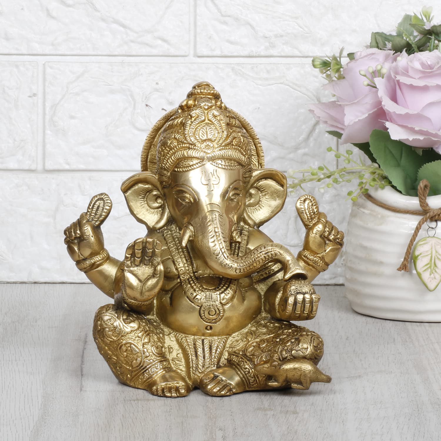 Brass Blessing Ganesha Idol Ganesh Statue Ganpati Murti for Puja Home Entrance Decor Diwali Gift 6.5 Inch - SvarupArt