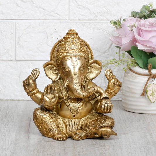 Brass Blessing Ganesha Idol Ganesh Statue Ganpati Murti for Puja Home Entrance Decor Diwali Gift 6.5 Inch - SvarupArt