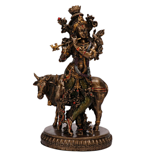 Resin Krishna with Cow Playing Flute Statue for Home Mandir Pooja Radha Krishan Ji Murti Temple Puja Office Home Déco... - SvarupArt