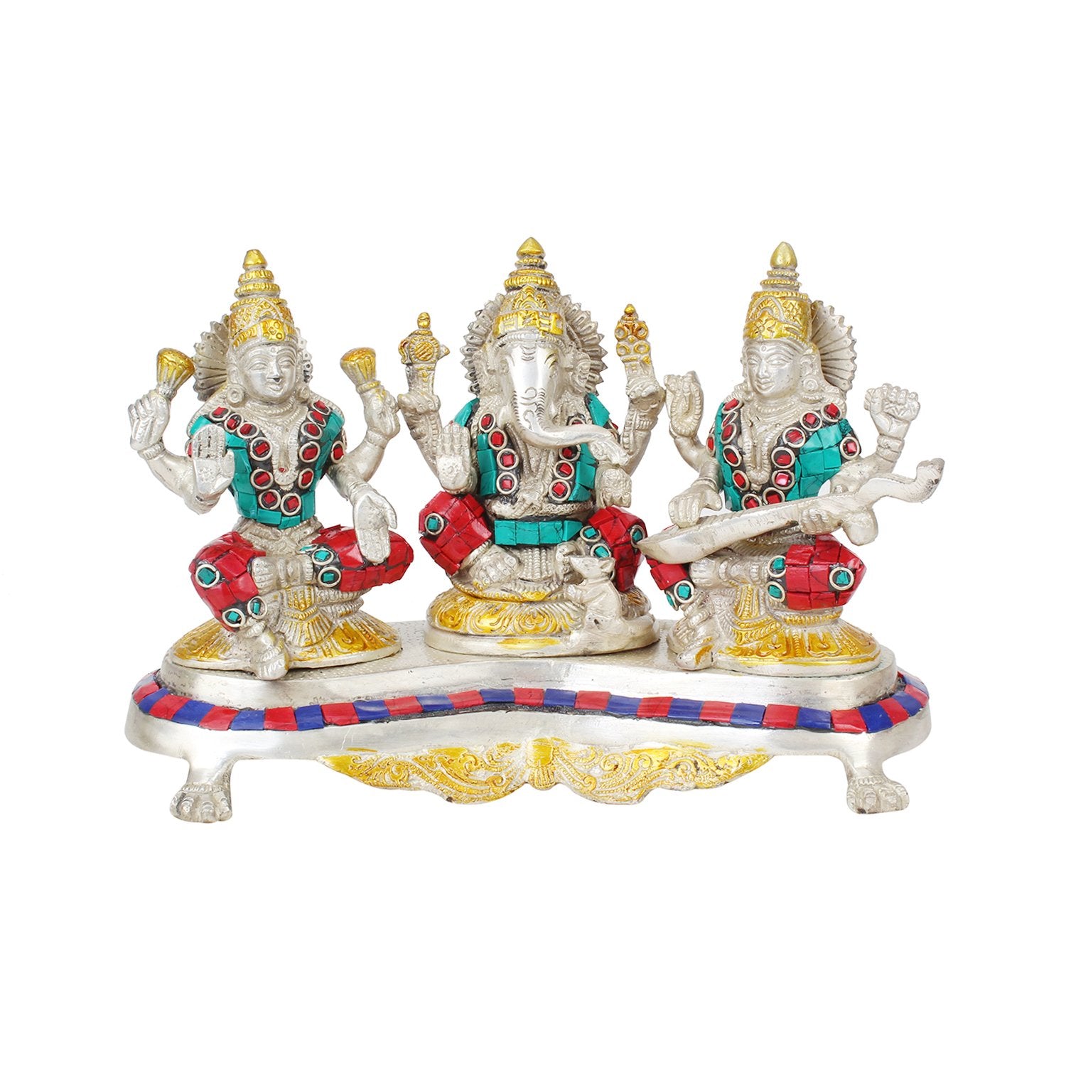Brass Lakshmi Ganesha Saraswati Laxmi Ganesh and Sarasvati Idol for Diwali Pooja Home Decor (Length 9.5 inch weight 3... - SvarupArt