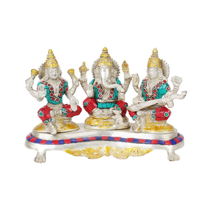 Brass Lakshmi Ganesha Saraswati Laxmi Ganesh and Sarasvati Idol for Diwali Pooja Home Decor (Length 9.5 inch weight 3... - SvarupArt