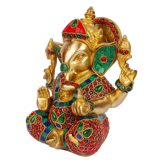 Brass Ganesha Idol for Home Decoration Ganpati Statue Murti for Gift Height 8 Inch Weight 3.3 Kg Color Multicolor - SvarupArt