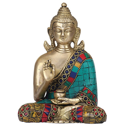 Brass Buddha Vitarka Mudra Idol Statue Tibetan Buddhist Decor Showpiece Height 6 Inch Multicolor - SvarupArt
