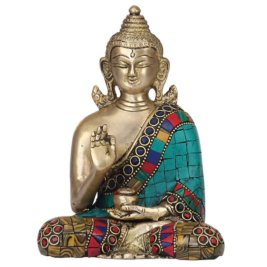 Brass Buddha Vitarka Mudra Idol Statue Tibetan Buddhist Decor Showpiece Height 6 Inch Multicolor - SvarupArt