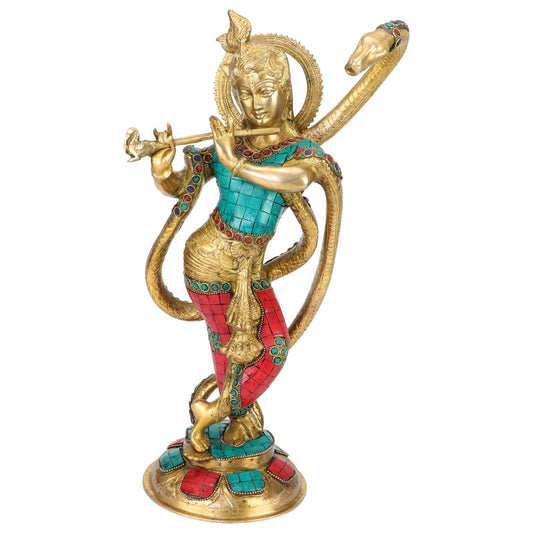 Brass Krishna Bhagwan Idol Murli Kishan Murti Playing Bansuri Gift for Home Mandir Decor Marriage Height 15 Inch - SvarupArt