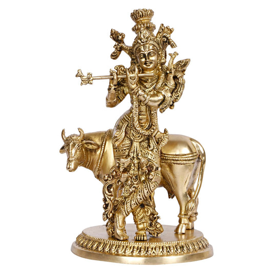 Brass Shri Krishna Idol with Cow Kishan Bhagwan Murti Lord Cow Krishna Statue for Living Room Decor Gold Color 10 Inch - SvarupArt