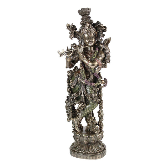 Resin Idol Krishna Bhagwan Murli Kishan Murti Playing Bansuri Height 15 Inch Weight 1.5 Kg Color Antique - SvarupArt