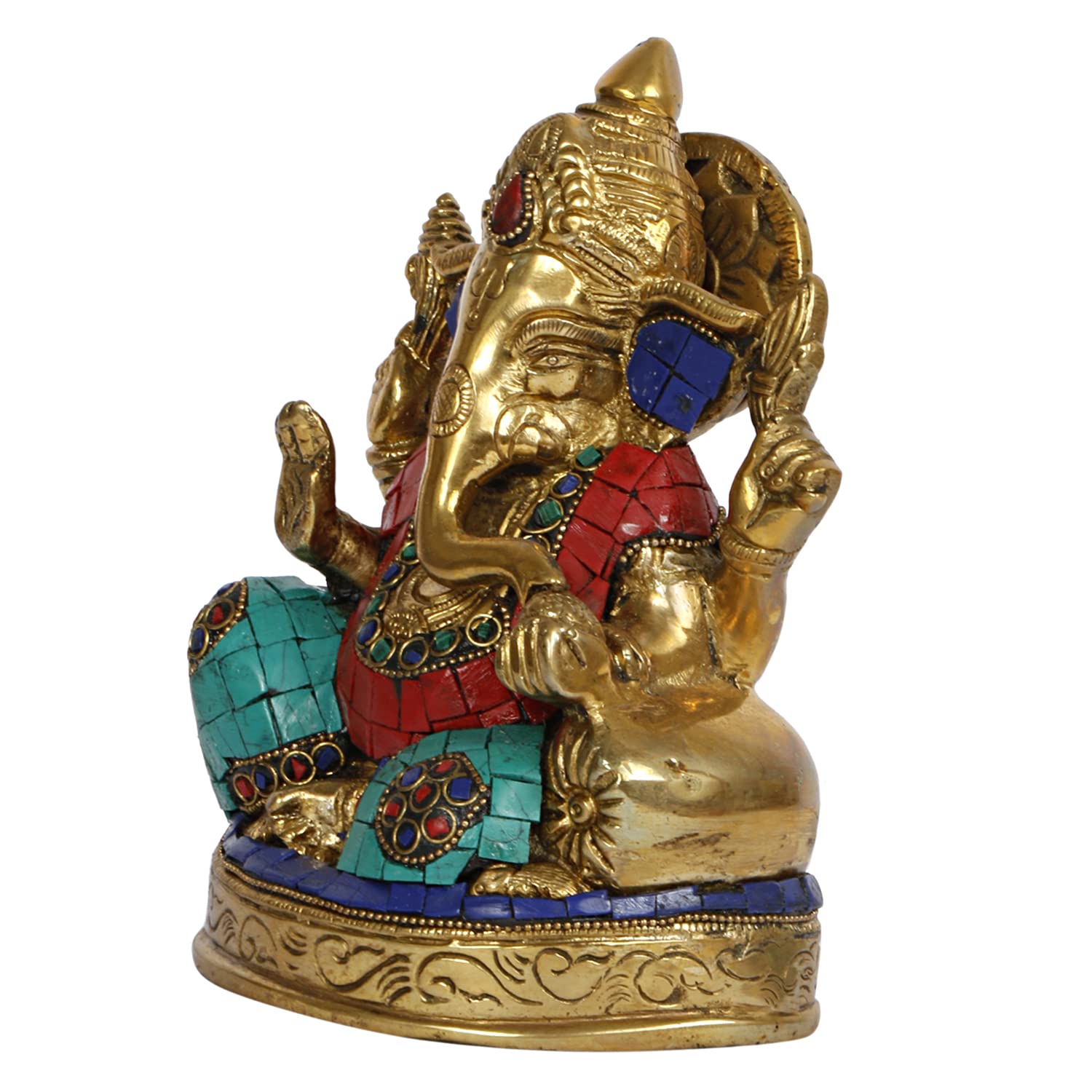 Brass Ganesh Sitting Ganesha Idol In Multicolor for Puja Home Decor Height 6.5 Inch - SvarupArt
