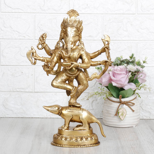 Brass Lord Ganesha Bhagwan Idol Ganesh on Rat Mooshak Ganpati Statue for Home Entrance Living Room Decor Height 12 Inch - SvarupArt