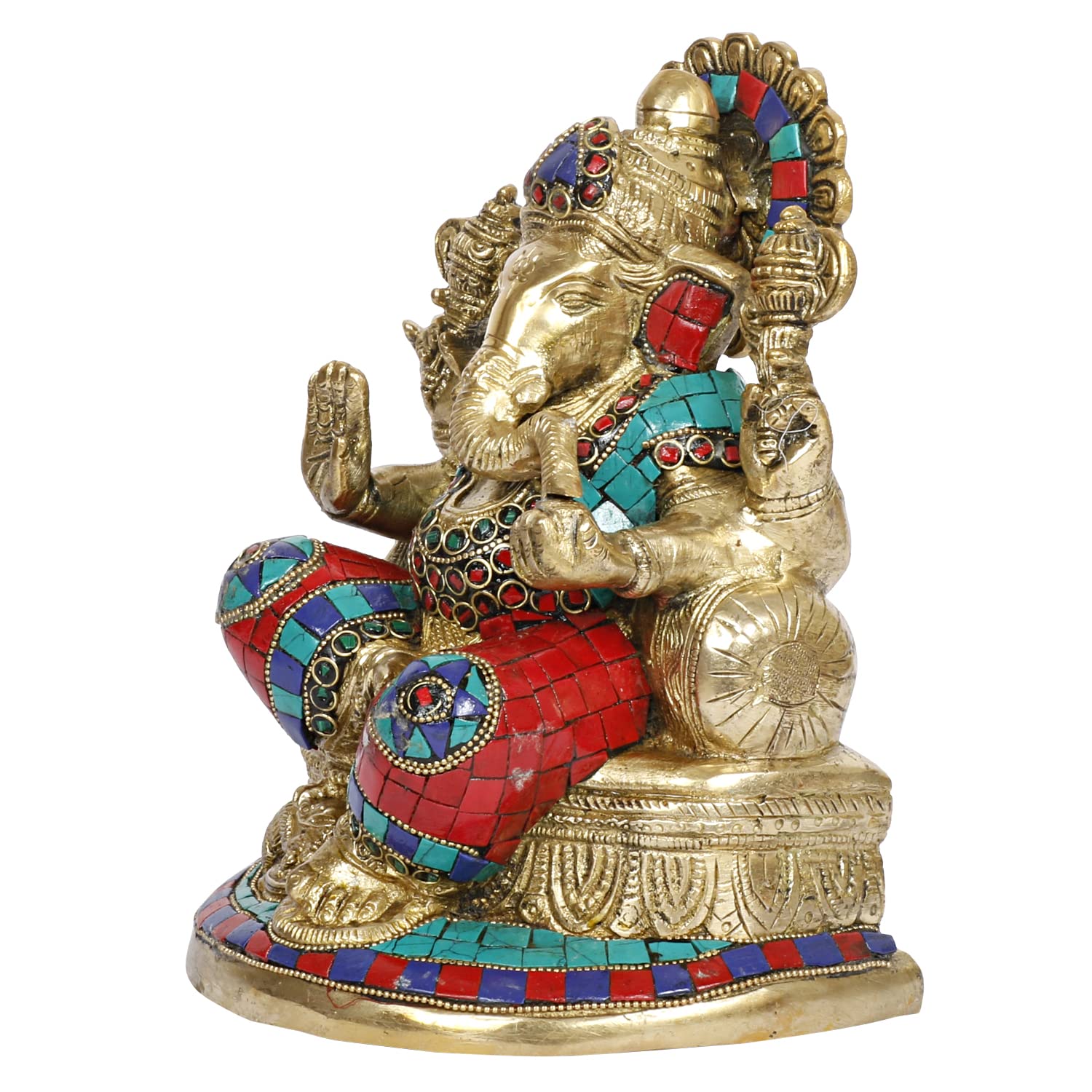 Brass Lord Ganesh Ganpati Sitting On Singhasana Ganesha Idol for Puja Home Decor Gift Height 8 inch - SvarupArt