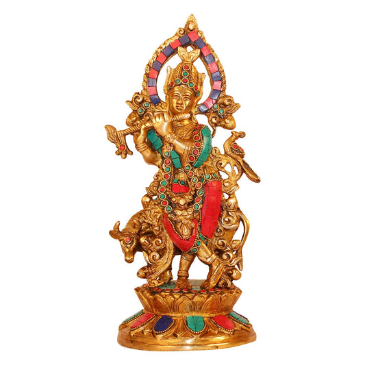 Brass Shri Krishna Idol with Cow Kishan Bhagwan Murti Lord Krishna Cow Statue with Flute Big Size Height 12 Inch - SvarupArt