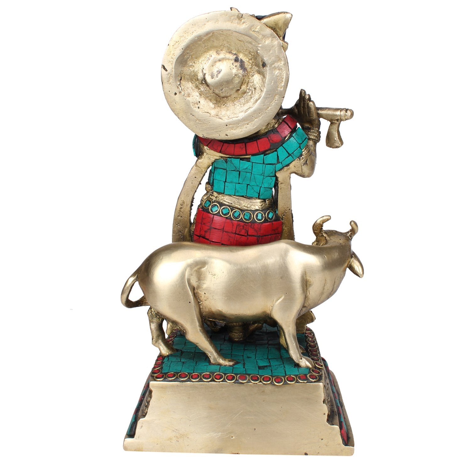 Brass Shri Krishna Idol with Cow Kishan Bhagwan Murti Lord Krishna Cow Statue Height 10 Inch Weight 2.7 Kg Multicolor - SvarupArt