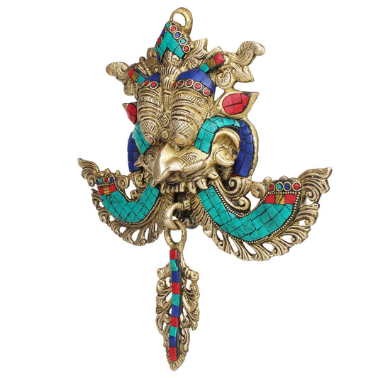 Brass Yali Face Kirtimukha Wall Hanging Mask With Ganesha top Sculpture Evil Eye Protector Home Decor 11 Inch Multicolor - SvarupArt