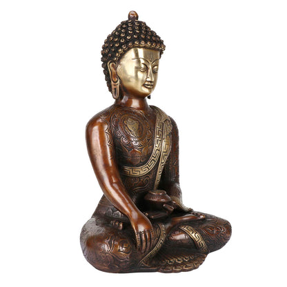 Brass Buddha Idol in Bhumisparsha Mudra Statue Tibetan Buddhist Décor Height 12 Inch Weight 6 Kg Color Bronze - SvarupArt