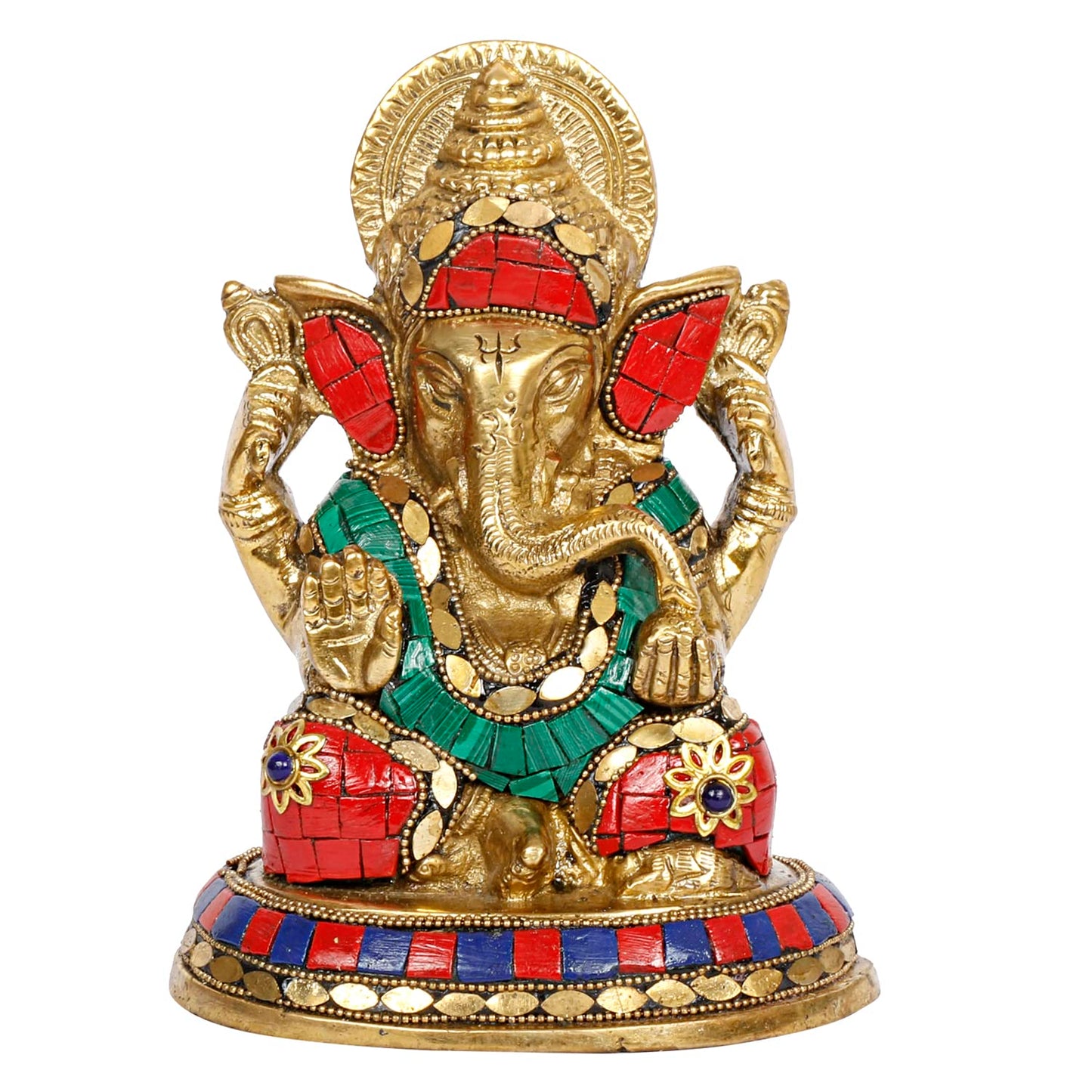 Brass Sitting Ganesha Idol In Multicolor Height 8.5 Inch Weight 1.6 Kg - SvarupArt