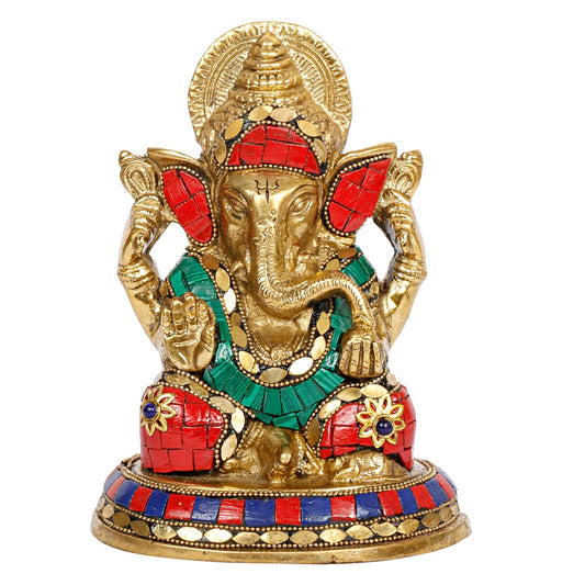 Brass Sitting Ganesha Idol In Multicolor Height 8.5 Inch Weight 1.6 Kg - SvarupArt
