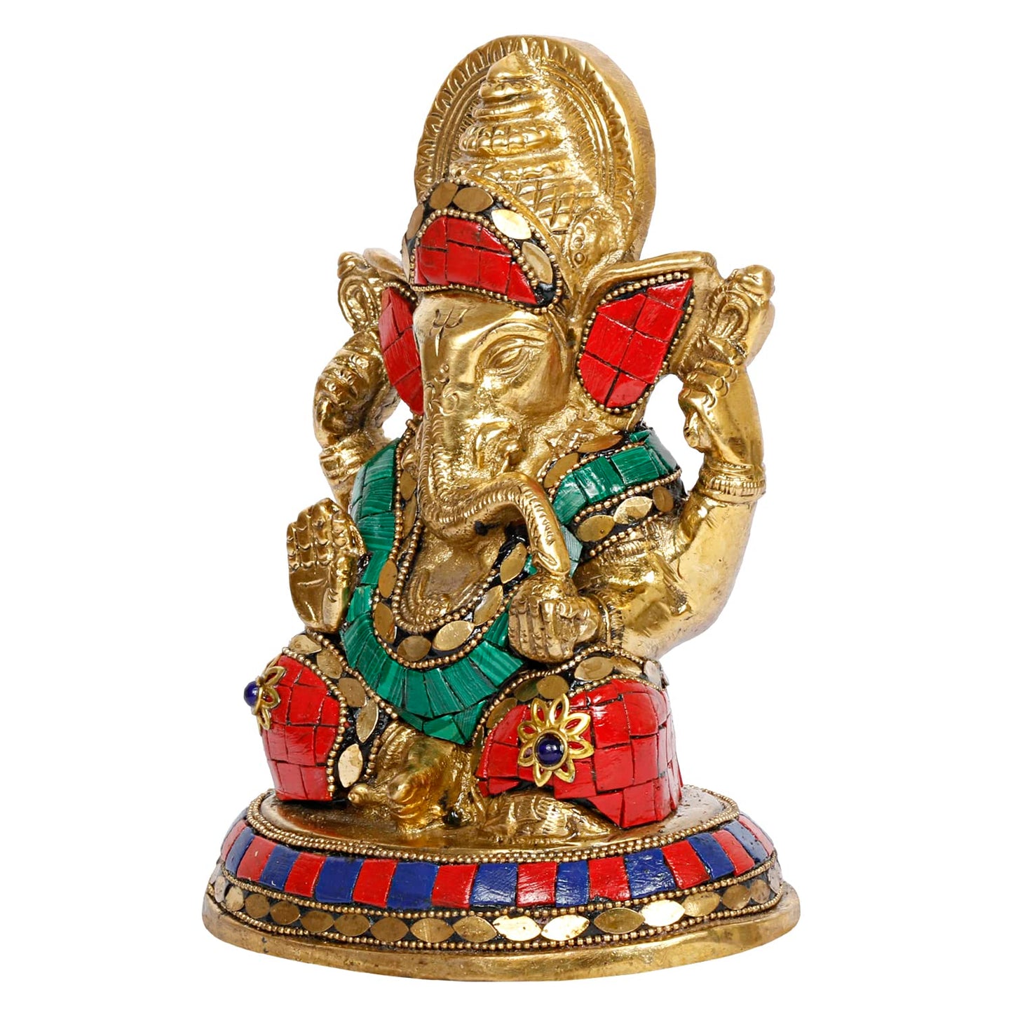 Brass Sitting Ganesha Idol In Multicolor Height 8.5 Inch Weight 1.6 Kg - SvarupArt