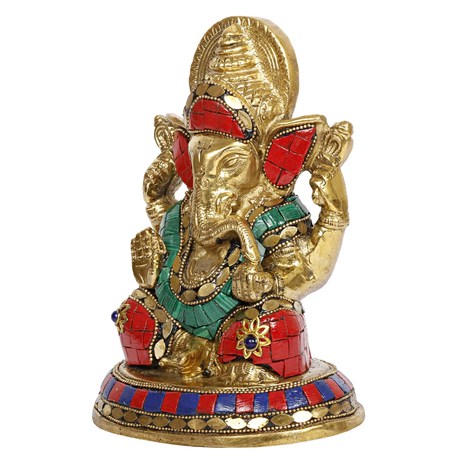 Brass Sitting Ganesha Idol In Multicolor Height 8.5 Inch Weight 1.6 Kg - SvarupArt