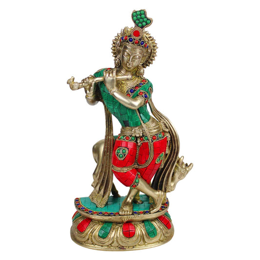 Brass Shri Krishna Idol with Cow Kishan Bhagwan Murti Lord Krishna Cow Statue with Flute Big Size Height 14 Inch - SvarupArt