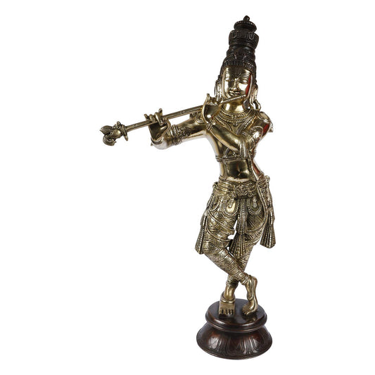 Brass Krishna Bhagwan Idol Murli Kishan Murti Playing Bansuri Gift for Home Mandir Decor Marriage Height 23 Inch - SvarupArt