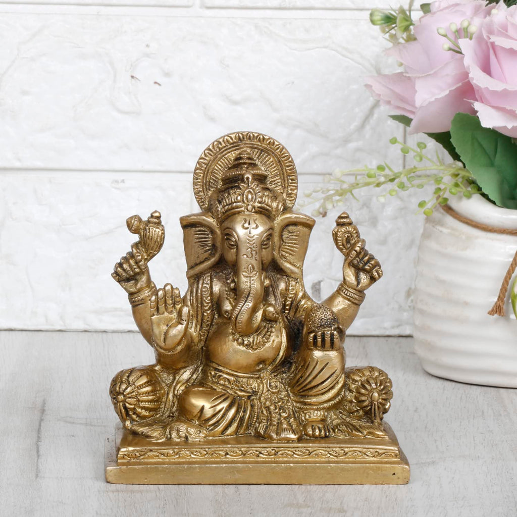 Brass Ganesh Bhagwan Idol Ganesha Statue Ganpati Puja Murti for Home Entrance Decor Diwali Gift 5 Inch - SvarupArt