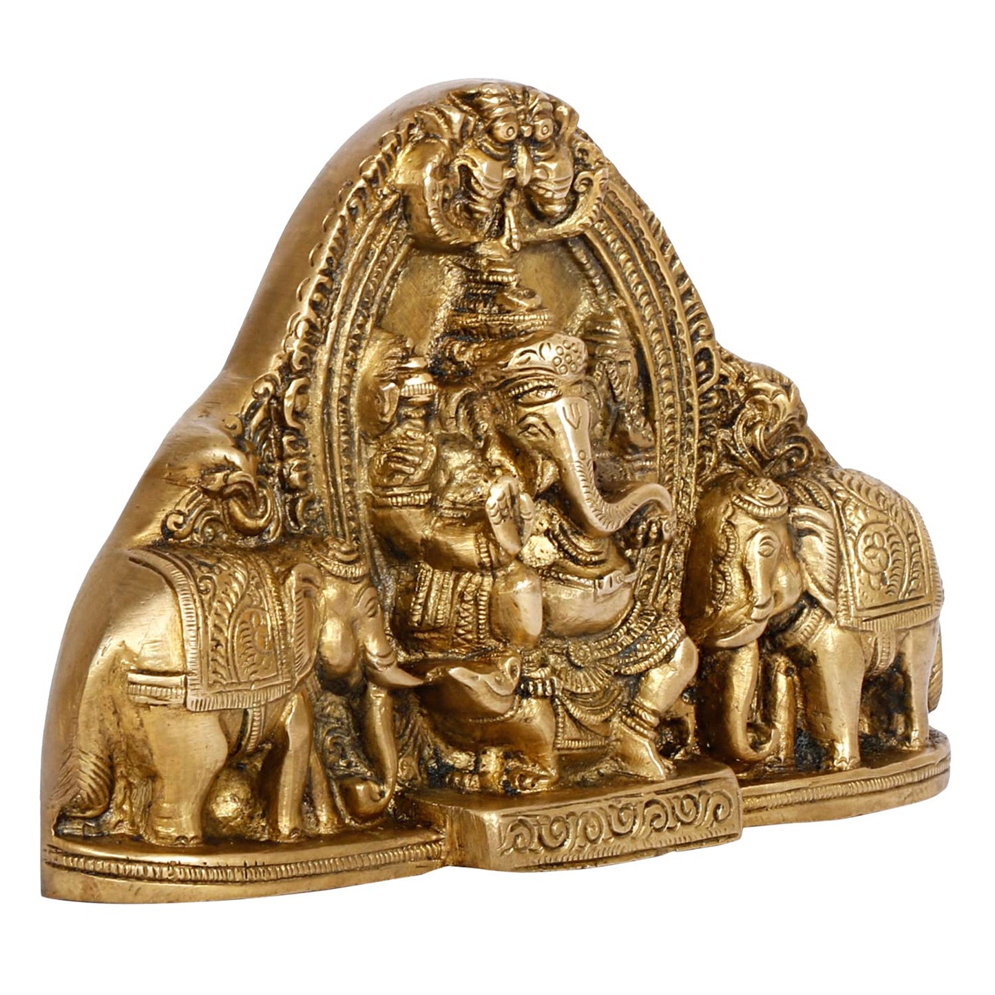 Brass Gaja Ganesha Lord Ganesh Sitting on Rat with Elephants Idol Wall Hanging Table Top Murti for Home Entrance. - SvarupArt