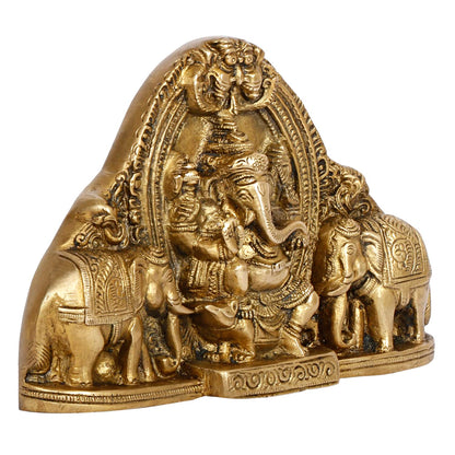 Brass Gaja Ganesha Lord Ganesh Sitting on Rat with Elephants Idol Wall Hanging Table Top Murti for Home Entrance. - SvarupArt