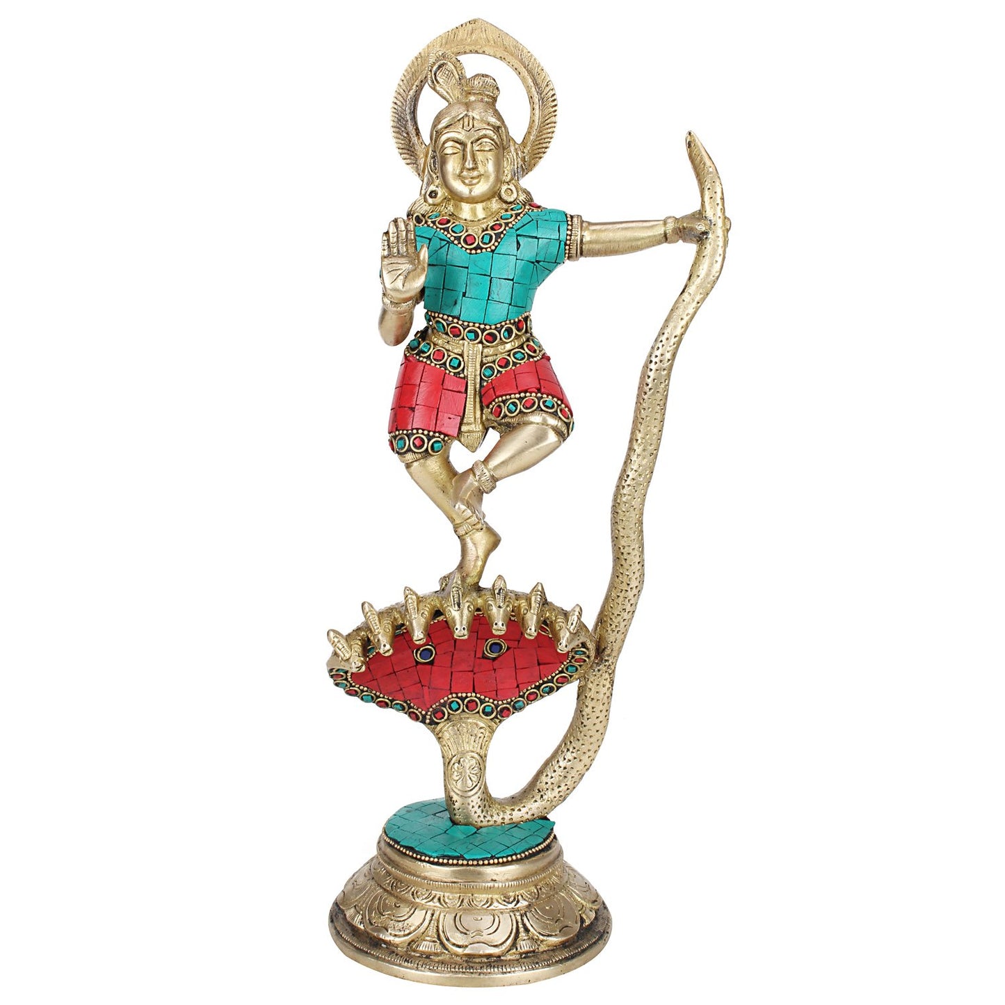 Brass Krishna Bhagwan Krishan Murti Dancing on Kaliya Naag Statue for Home Decor Temple Pooja Gift 13 Inch Multicolor