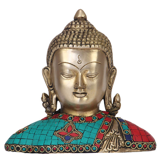 Brass Lord Buddha Bust Idol Meditating Gautam Buddh Head Tibetan Buddhist Showpiece Decor 7 Inch Multicolor
