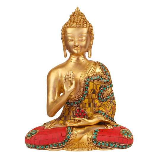 Brass Gautam Buddha Idol Statue Murti Draped in Stone Embellished Shawl for Home Decoration Blessing Buddha Height 10 Inch - SvarupArt