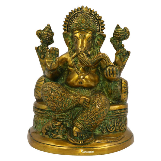Brass Ganesha Idol for Home Decoration Ganpati Statue Murti for Gift Height 7.5 Inch Weight 2.6 Kg Color Green - SvarupArt