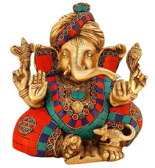 Brass Ganesha Idol for Home Decoration Ganpati Statue Murti for Gift Height 8 Inch Weight 3.8 Kg Color Multicolor - SvarupArt
