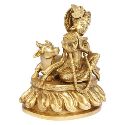 Brass Shri Krishna Idol with Cow Kishan Bhagwan Murti Lord Krishna Cow Statue with Flute Big Size Height 8.5 Inch - SvarupArt