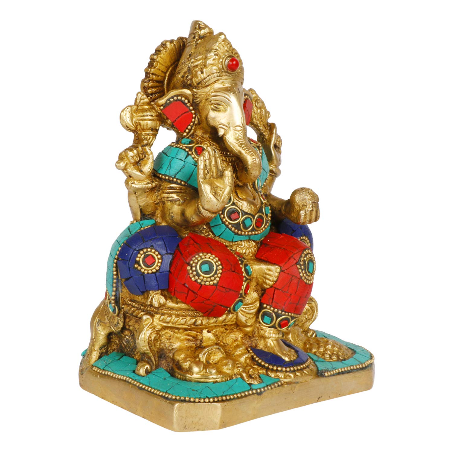 Brass Sitting Ganesha Idol In Multicolor Height 6.5 Inch Weight 2 Kg - SvarupArt