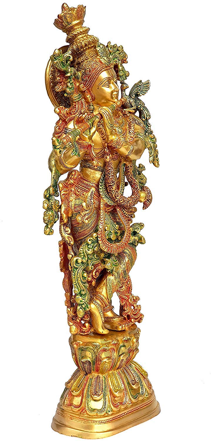 Big Brass Krishna Idol Krishan Murti in Multicolor Height 29 Inch - SvarupArt