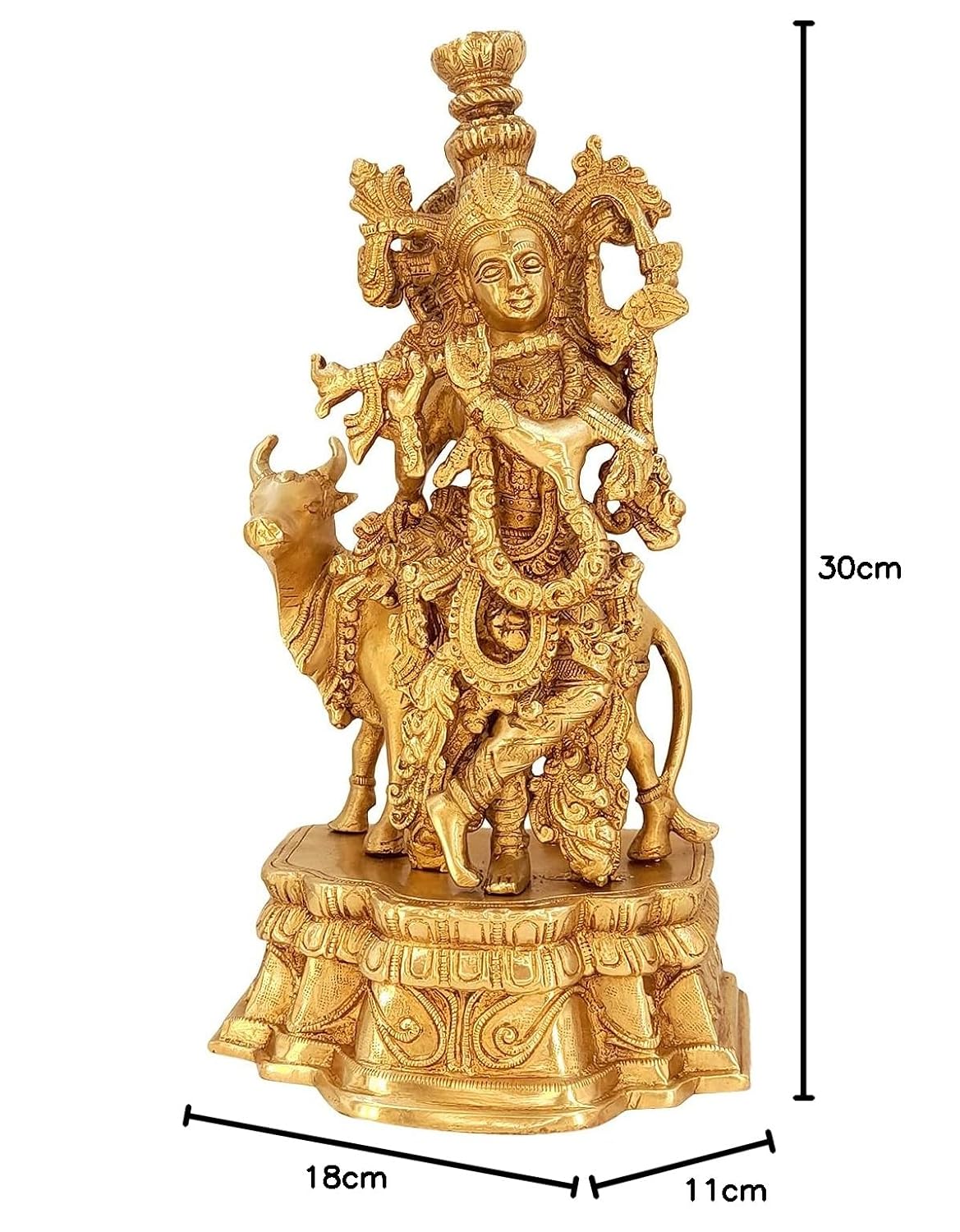 Brass Shri Krishna Idol with Cow Kishan Bhagwan Murti Lord Krishna Cow Statue with Flute Big Size Height 12 Inch - SvarupArt