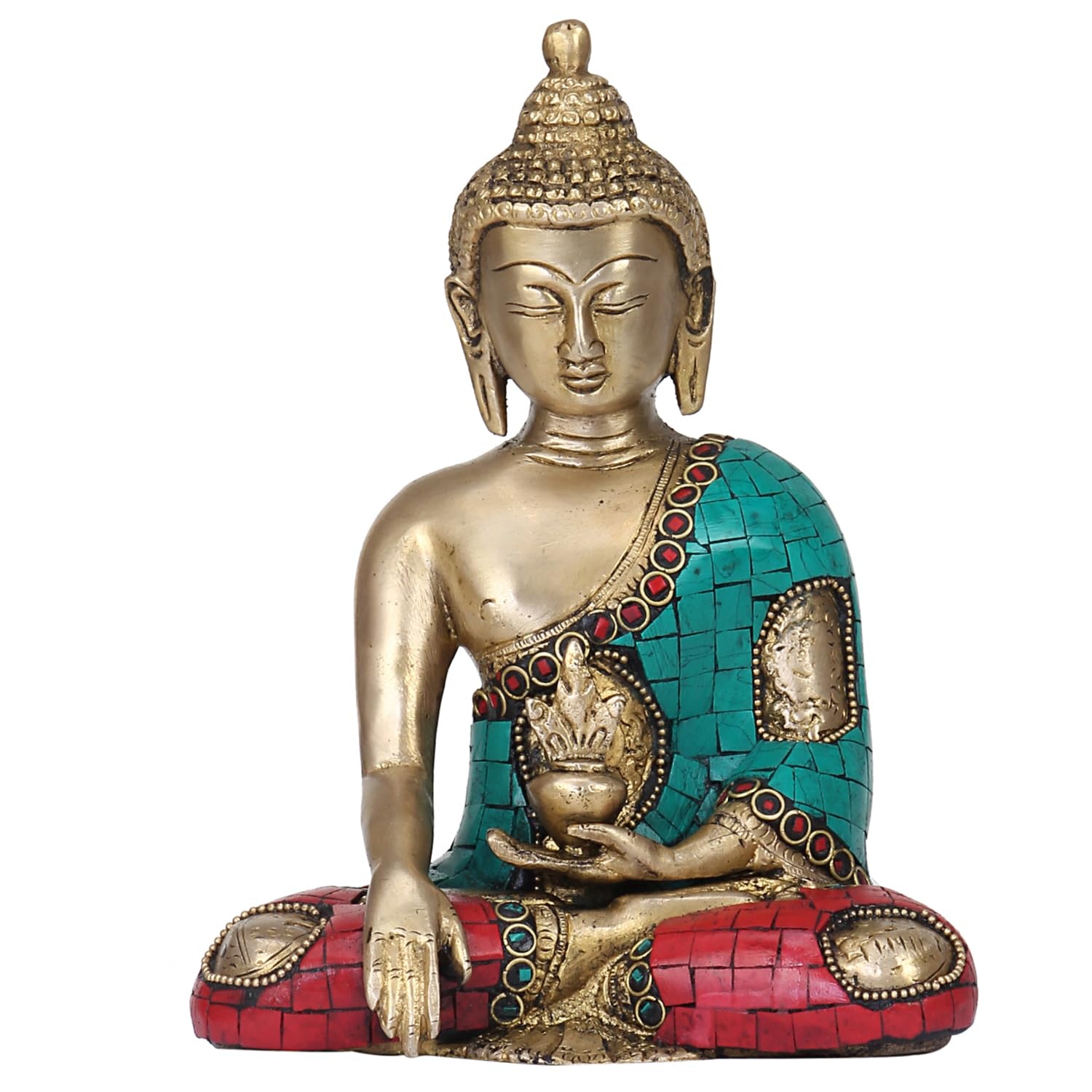 Brass Buddha Bhumi-Sparsha Mudra Idol Statue Tibetan Buddhist Décor Showpiece Height 7.5 Inch Weight 2 Kg Color Multi... - SvarupArt