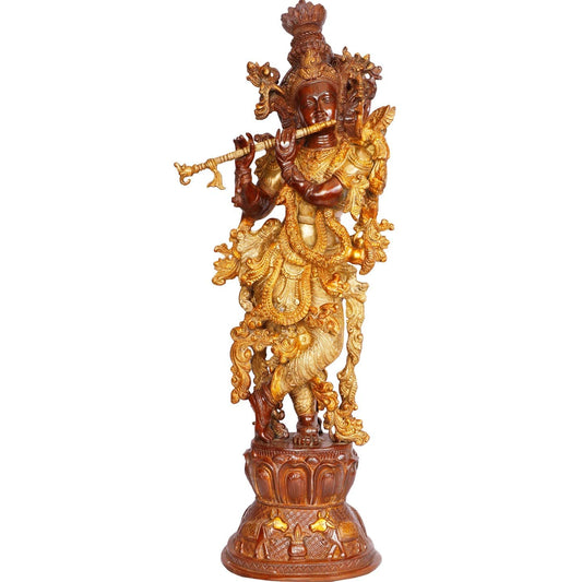 Brass Krishna Bhagwan Idol Murli Kishan Murti Playing Bansuri Gift for Home Mandir Decor Marriage Height 29 Inch - SvarupArt