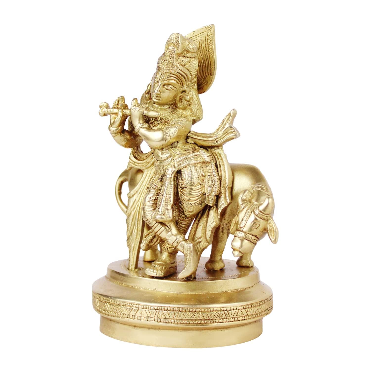 Brass Krishna Idol with Cow Statue Decorative Showpiece for Home Puja Room Living Room Temple Decoration and Gift Item - SvarupArt