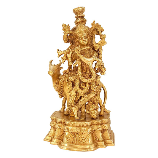 Brass Shri Krishna Idol with Cow Kishan Bhagwan Murti Lord Krishna Cow Statue with Flute Big Size Height 12 Inch - SvarupArt