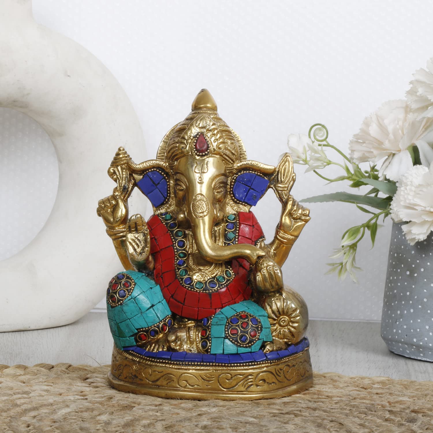 Brass Ganesh Sitting Ganesha Idol In Multicolor for Puja Home Decor Height 6.5 Inch - SvarupArt