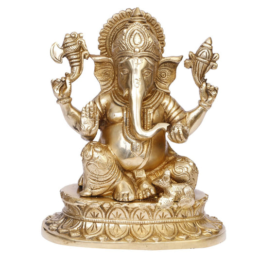 Brass Ganesha Idol for Home Decoration Ganpati Statue Murti for Gift Height 8.5 Inch Weight 3 Kg Color Gold - SvarupArt