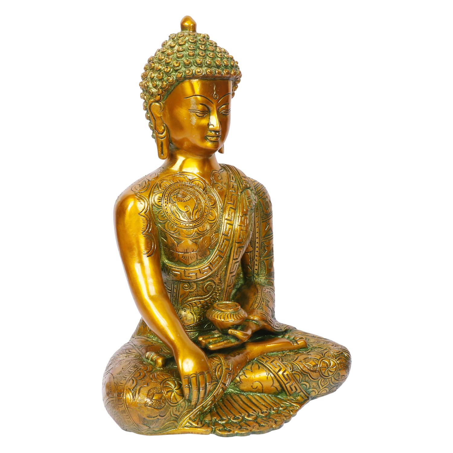 Brass Buddha Idol in Bhumisparsha Mudra Statue Tibetan Buddhist Décor Height 12 Inch Weight 6 Kg Color Golden Green - SvarupArt
