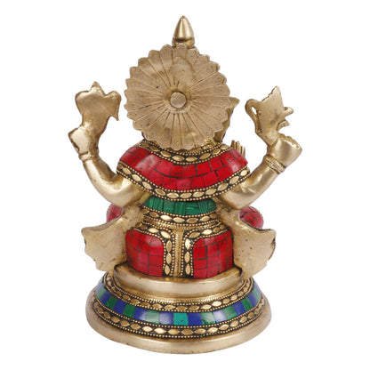 Brass Ganesha Idol on Round Singhasan for Home Decoration Ganpati Statue Murti for Gift Height 8 Inch Weight 3 Kg Color - SvarupArt