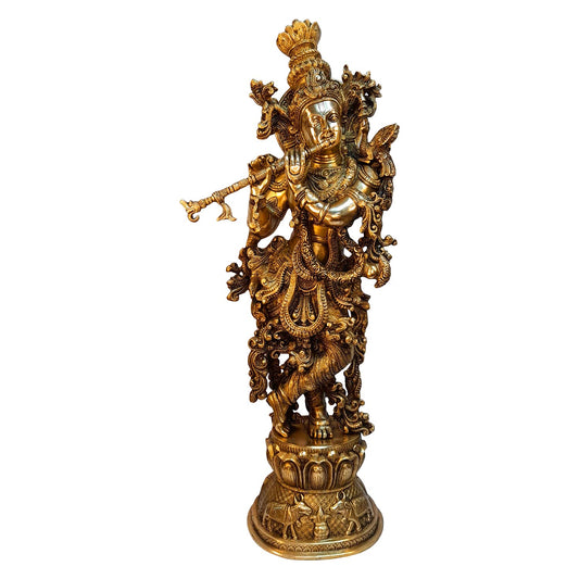 Brass Krishna Bhagwan Idol Murli Kishan Murti Playing Bansuri Gift for Home Mandir Decor Marriage Height 29 Inch - SvarupArt